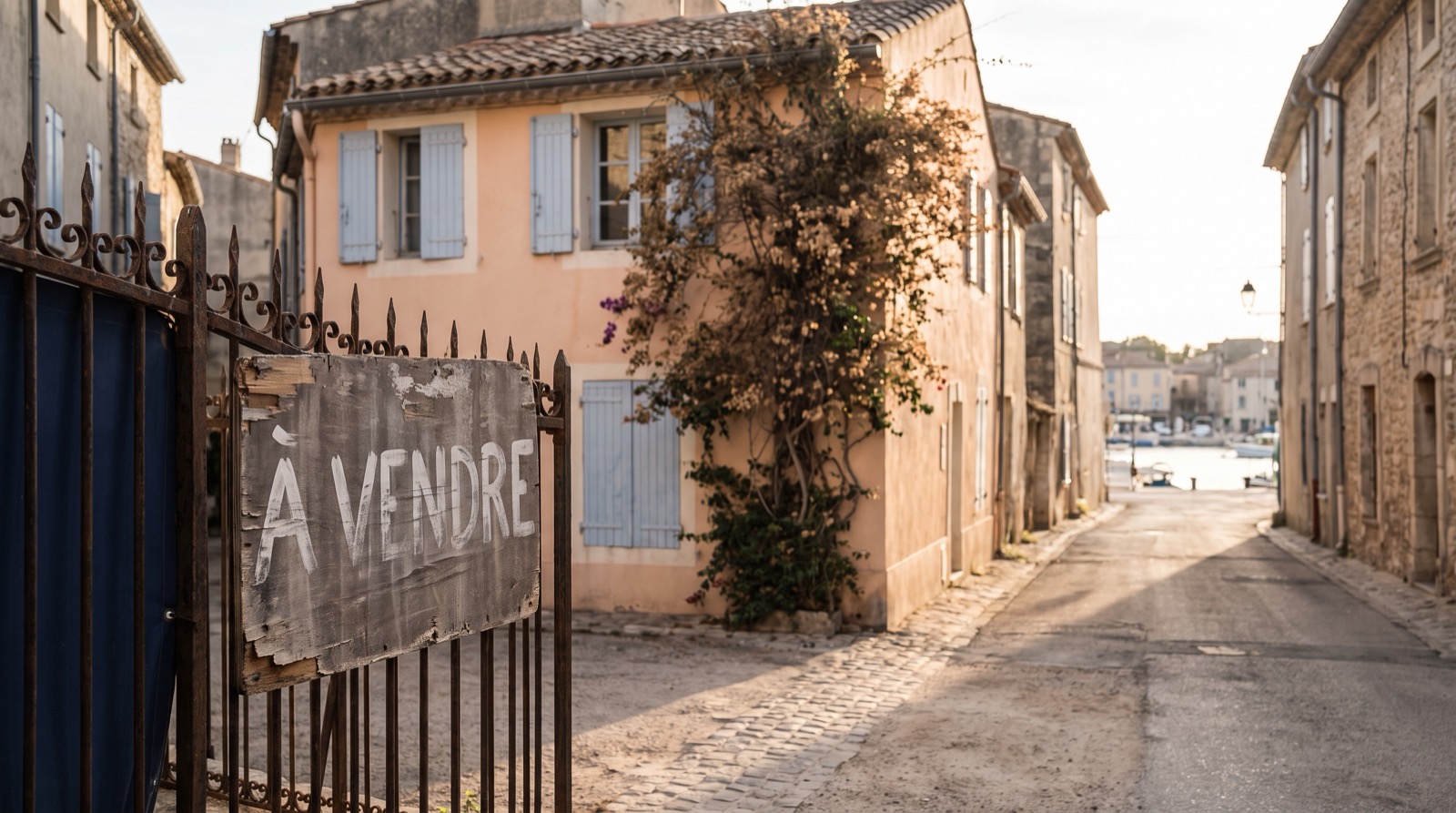 Panneau à vendre devant une maison provençale dans une ruelle de Martigues
